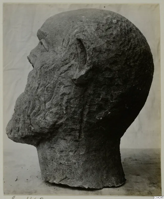 Stone statue head from Soli, shown in side profile with a bearded face and short hair.
