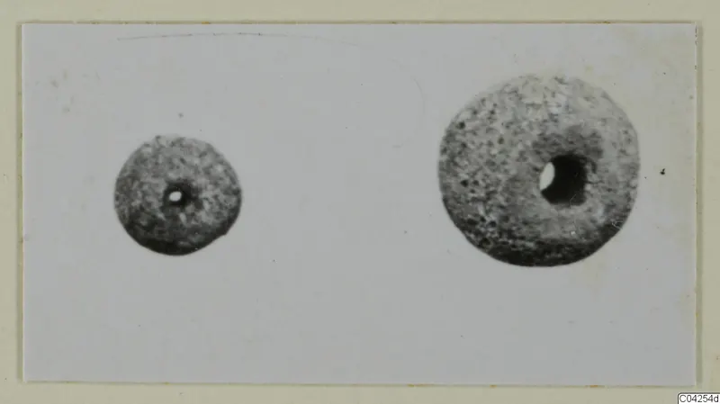 Two small rounded objects with central holes, one smaller than the other, photographed on a pale card.