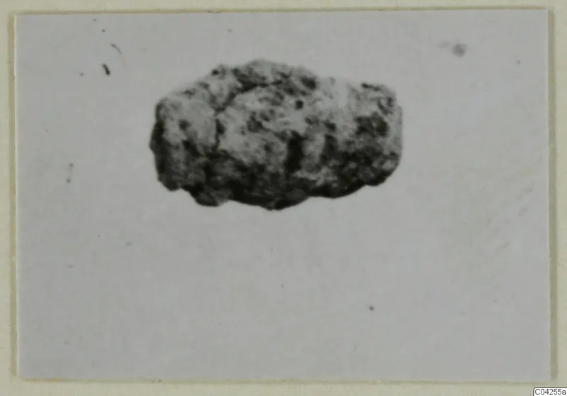 Corroded bronze object from Milia, a small dark lump on a pale mounted print