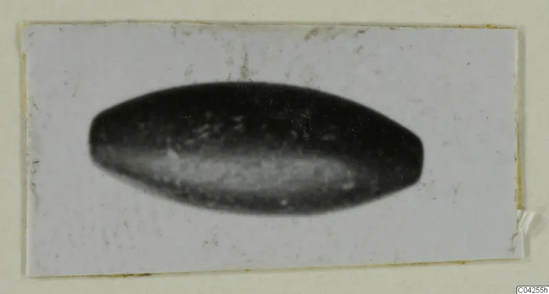 Small dark elongated bead from Milia, photographed on a pale card mount