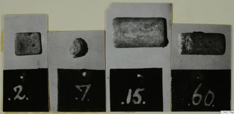 Four close-up photographs of small objects, each with a number label, mounted side by side on one card