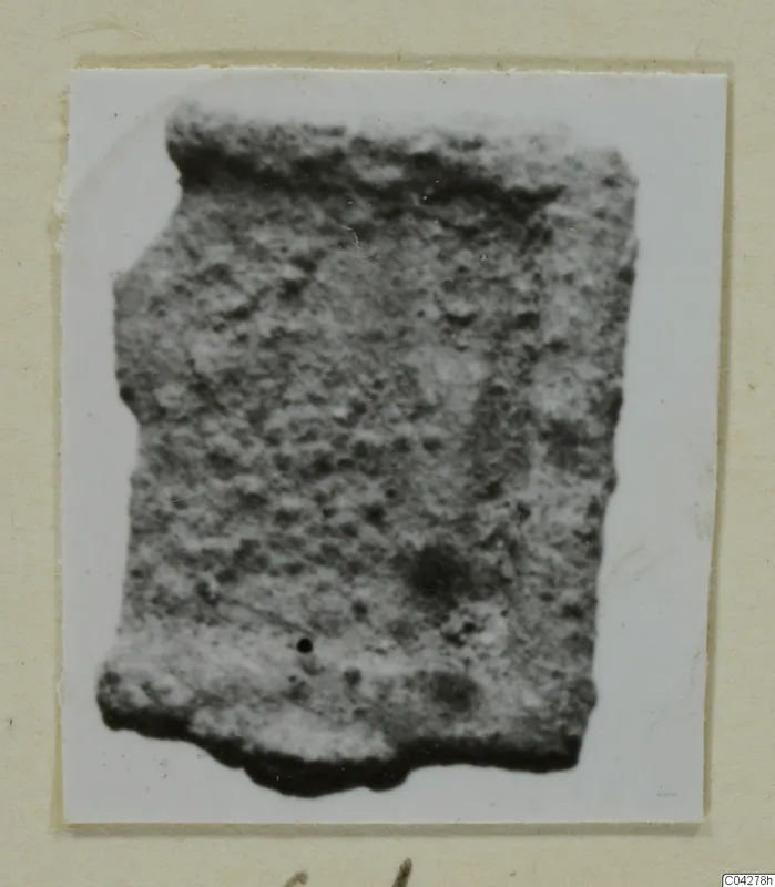 Fragment with a speckled surface from Amathus finds, shown on a pale card mount