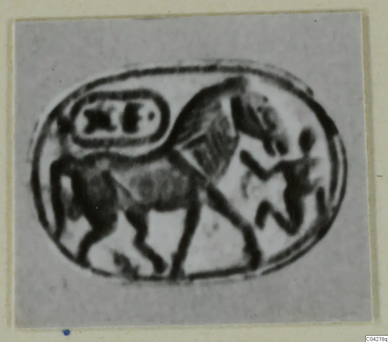 Engraved oval seal design showing a horse-like animal walking beside a small standing figure, with an oval panel of signs, from Amathus.