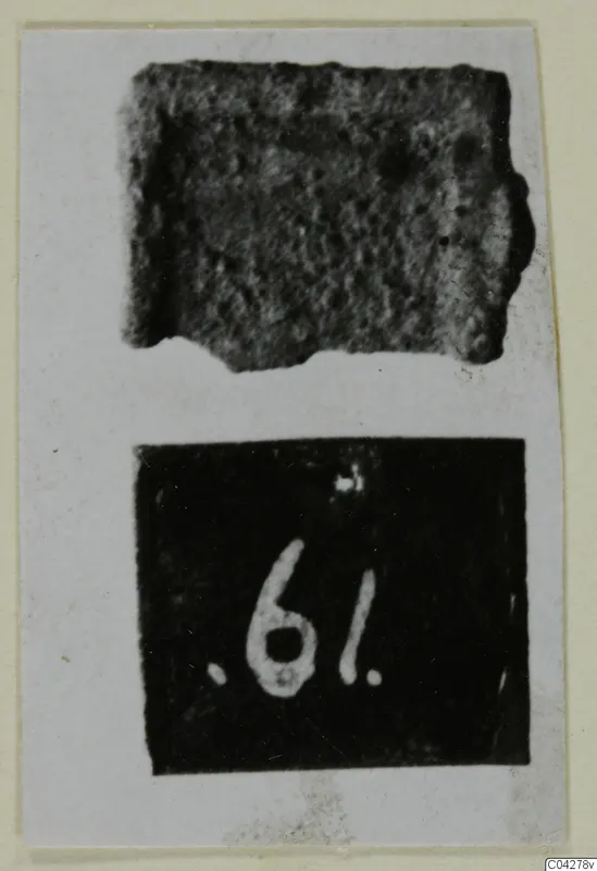 Photo mount with two views: a pitted, corroded fragment above a dark number label, Amathus tombs 1–9 series