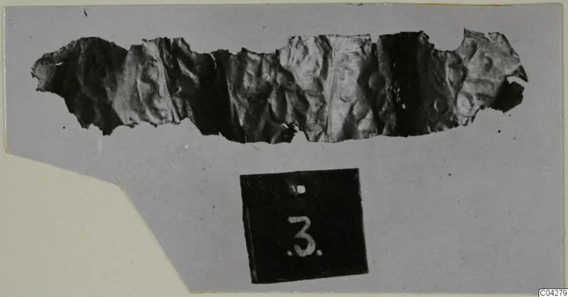 Torn strip of thin metal with rows of embossed bumps, a find from Amathus, lying on a grey card beside a number label.