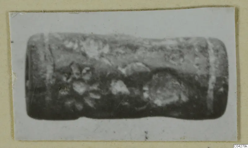 Cylinder seal from Amathus with a carved design, shown in a mounted photograph