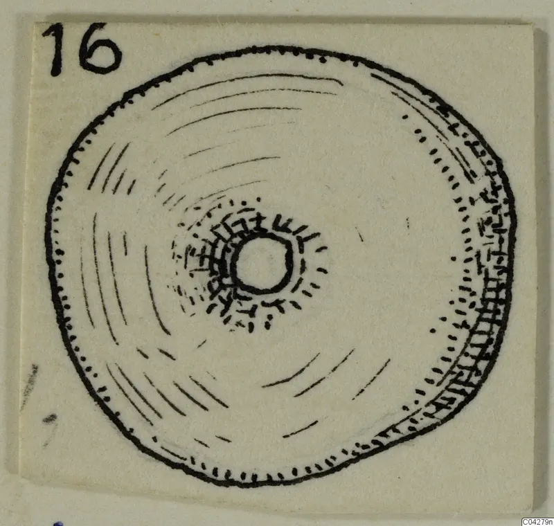 Ink drawing of a round stone object with a central hole and a number label