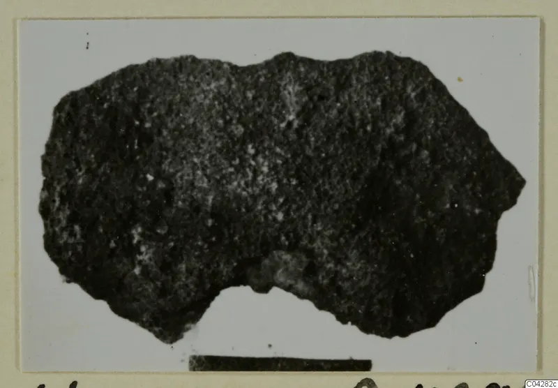 Dark irregular fragment from Amathus T. 2-26, shown on a photo card with a scale bar below