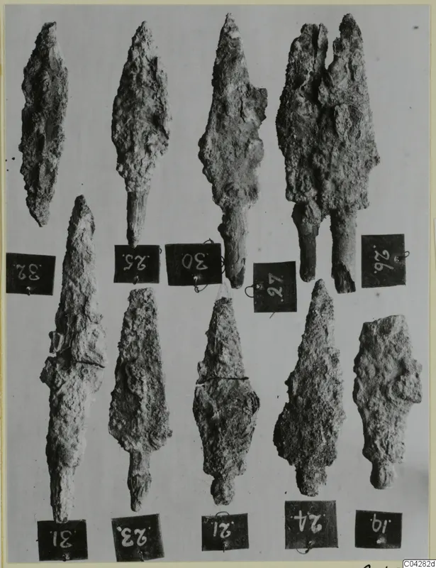 Ten corroded iron arrowheads and tanged points from Amathus, each beside a numbered tag.