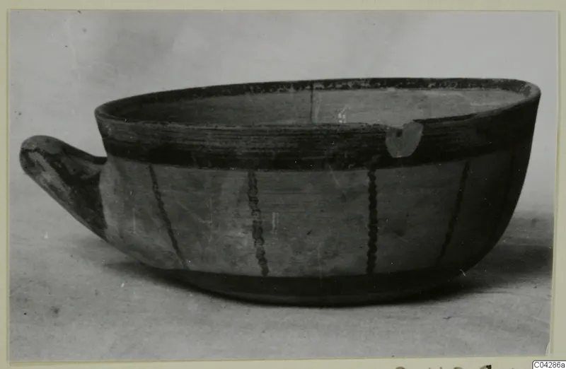 Pottery Levanto-Helladic Ware Bowl-Jar with one side handle and dark vertical stripes on the body
