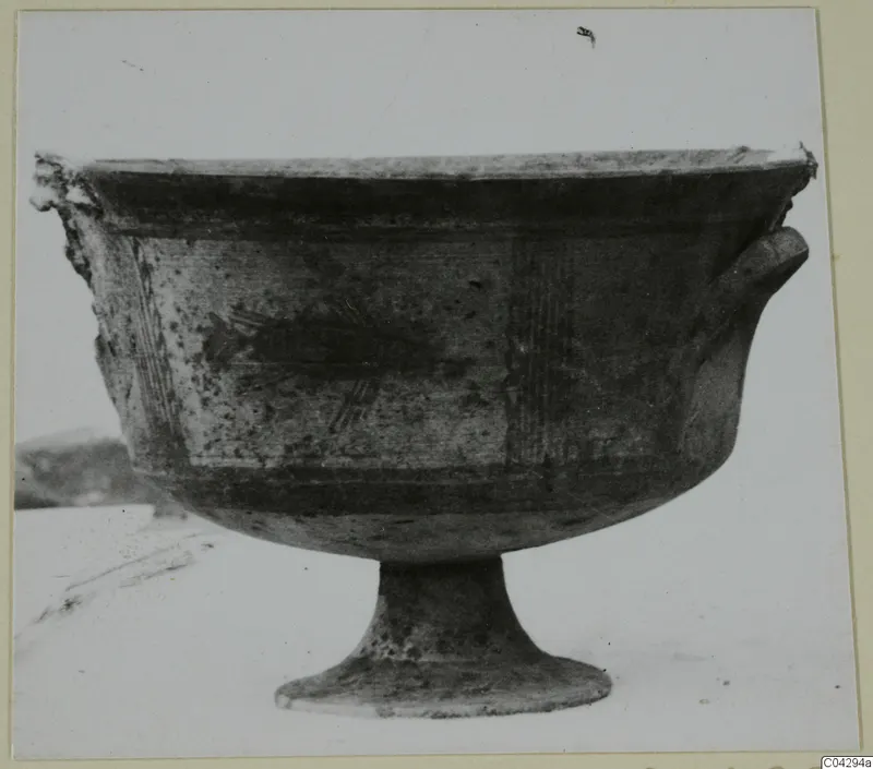 Footed bowl with painted bands and a dark central motif, Pottery Bichrome III