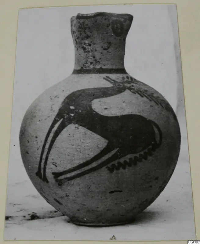 Painted jug, White Painted III-1, with a dark motif of a long curved neck and thin legs across its body