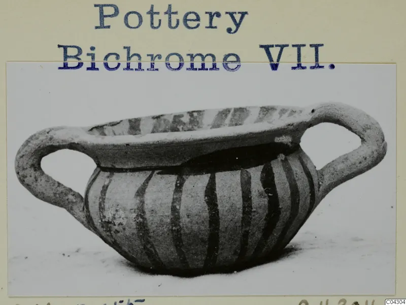 Two-handled bowl with dark vertical stripes on its body and rim, shown on a mounted photo card with a typed label