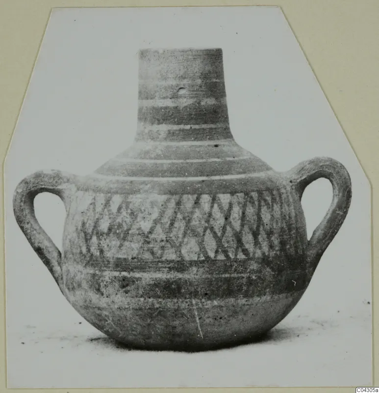 Two-handled jug with a tall neck and a band of crossing diagonal lines painted on its body.