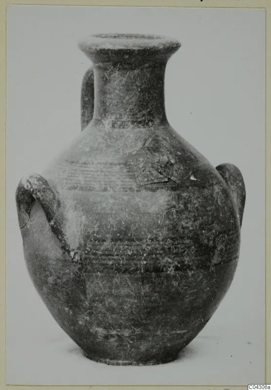 Two-handled pottery vessel with a flared rim and faint painted bands, Black-on-Red I-III