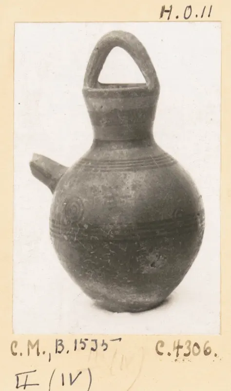 Globular pottery vessel with a strap handle and a short side spout, photographed on a card mount