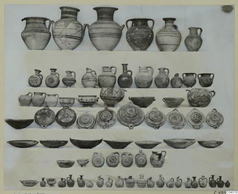 Rows of pottery vessels from Amathus, Tomb 14, arranged in ranks on a light background