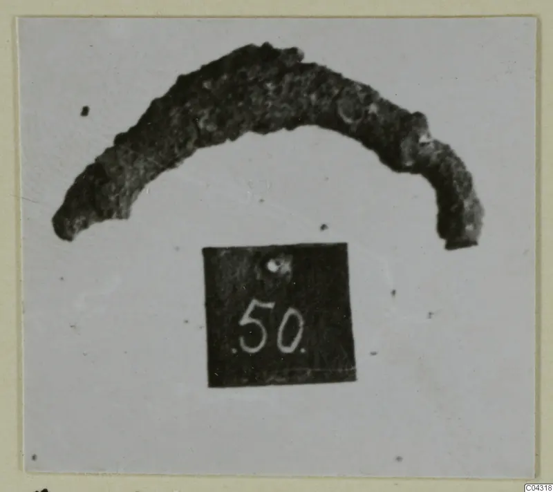 Curved, corroded bronze fragment from Amathus, shown with a number label