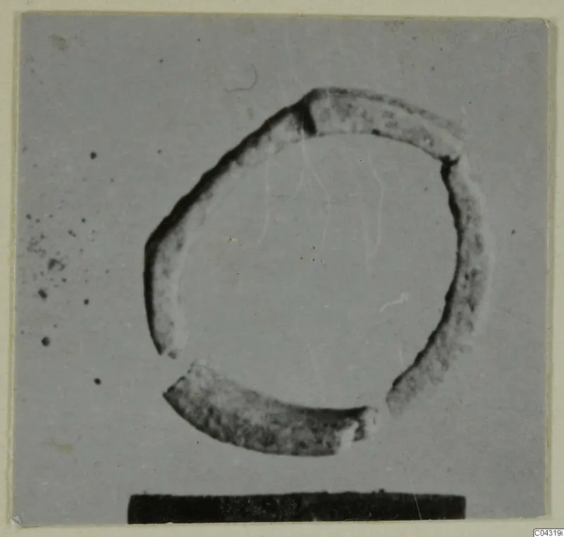 Faience ring, broken into several fragments, photographed against a plain grey background