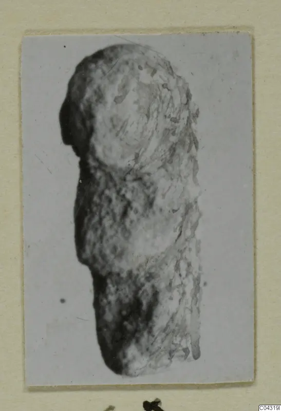 Find from Amathus: a worn, encrusted fragment of an object, photographed upright and mounted on a cream card