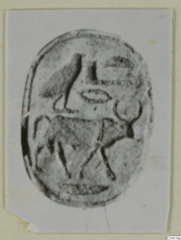 Oval seal face from Amathus with incised bird-like and animal motifs, shown as a photographic print