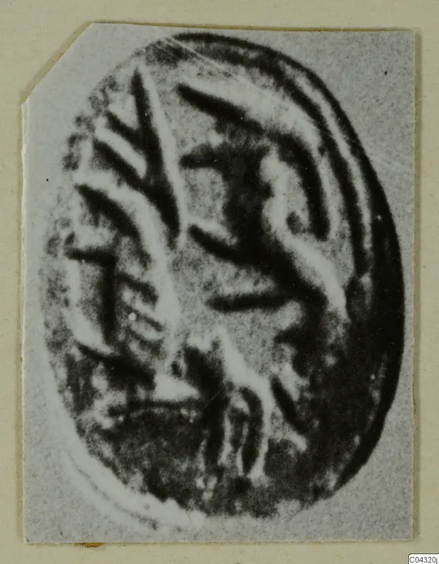 Oval engraved seal or gem from Amathus, shown enlarged with a pattern of raised and incised lines.