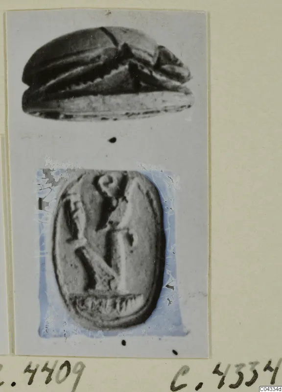 Two photographs of a stone scarab on a photo mount, showing its side and its engraved base.