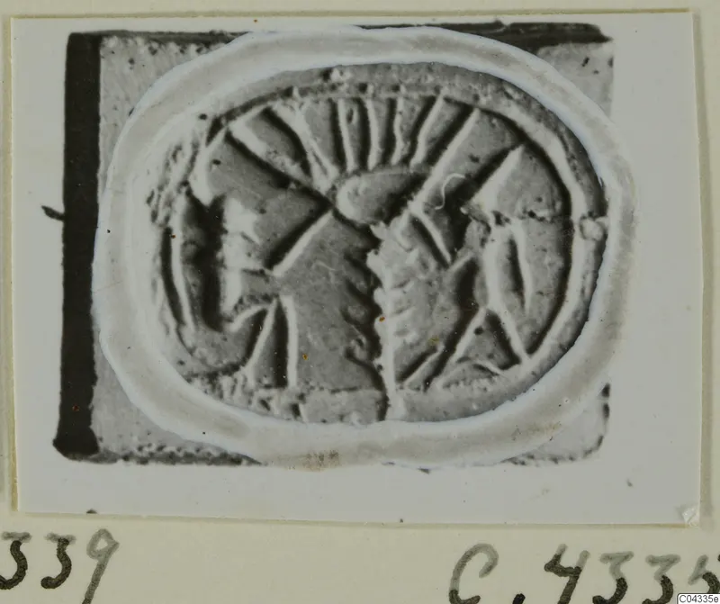 Engraved oval seal or gem, photographed on a card mount, with radiating lines and a central motif