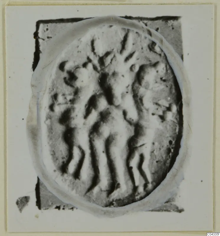 Glyptic: an oval seal or gem with a raised design, shown on a card