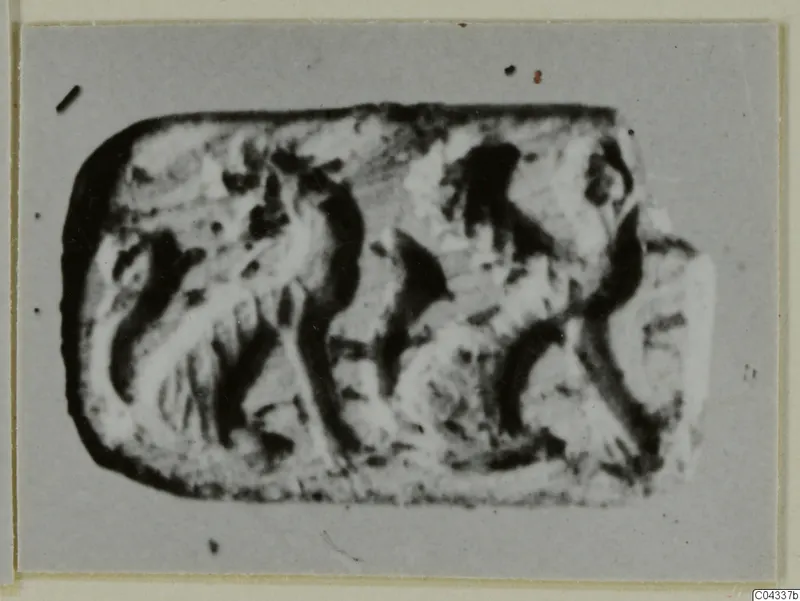 Engraved seal or gem, rounded rectangular in outline, with a carved design of curved and angular lines.