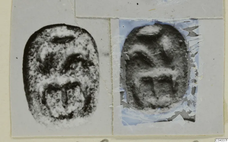 Two oval seal objects shown as prints side by side on a grey card mount, one with a torn blue-tinted backing