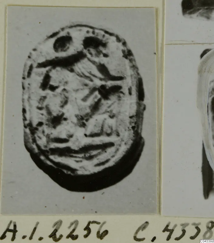 Oval seal from Ayia Irini with an incised design on its flat face, photographed on a card mount