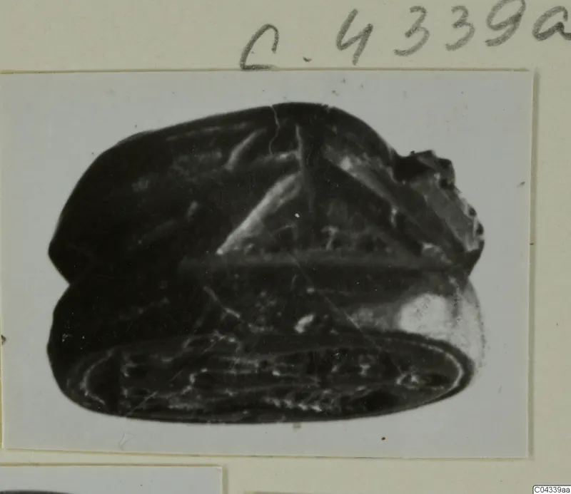 Scarab-type seal photographed on a mounted print, with a domed back and a flat base carrying incised decoration