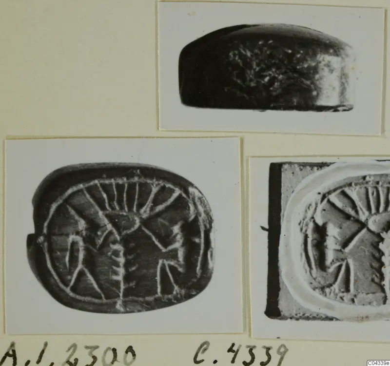 Three photographs of a small oval stone seal: a side view, the incised design on its face, and an impression of it