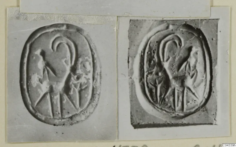 Two photographs of an oval engraved seal impression showing a standing figure with a curved headdress.