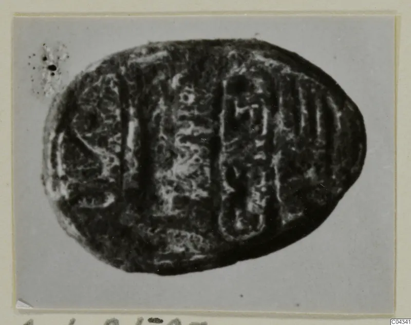 Oval seal-gem in dark stone with an incised design, shown on a card mount