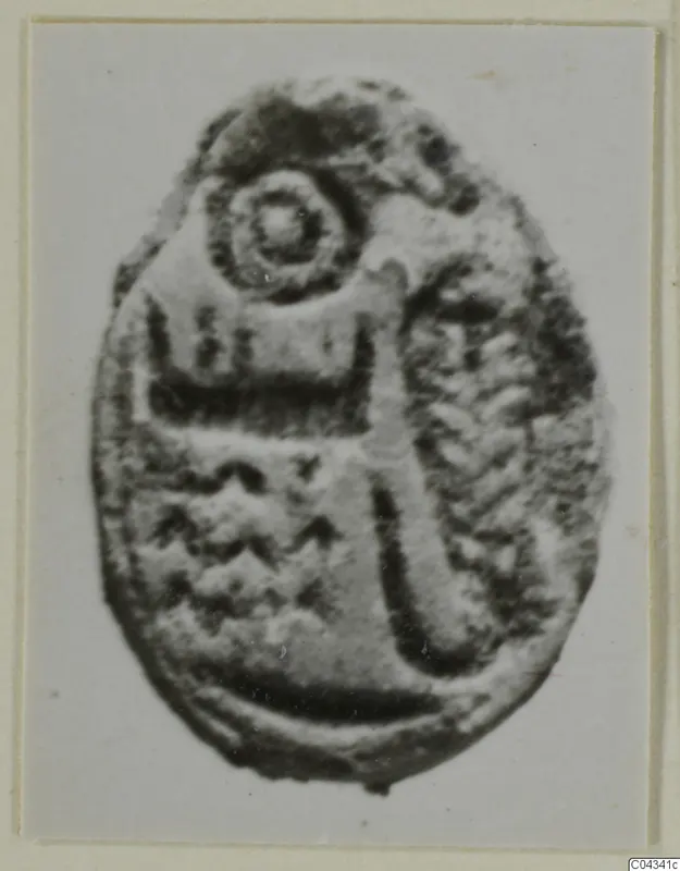 Oval seal from Ayia Irini with a ringed circle, a rectangular panel and curved lines