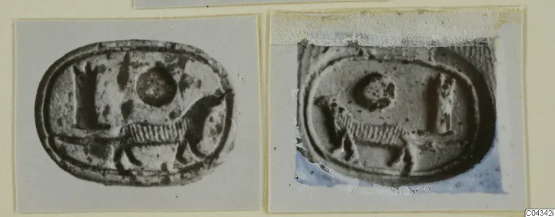 Two photographs of an oval seal showing a quadruped, a round disc and an upright sign, mounted on card