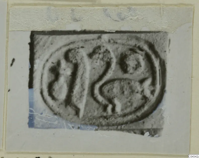 Oval engraved seal or gem with carved curved motifs, shown in a photograph mounted on a card