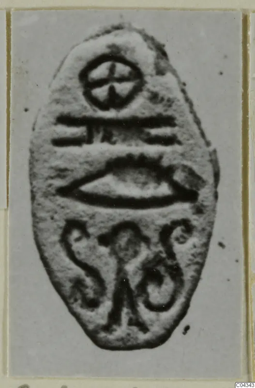 Oval seal with engraved signs: a circle with a cross, bars, a pointed oval and a small figure