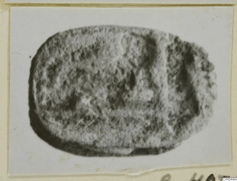 Oval stone seal or gem, shown in a blurred photograph on a pale card mount