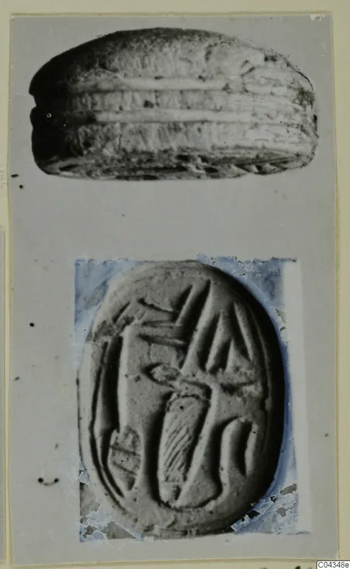 Two views of a scarab from Ajia Irini: the back with transverse ridges, and the incised oval base
