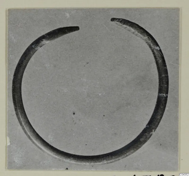 Open silver ring with tapering ends, shown alone against a grey background.