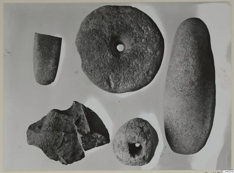 Five stone objects from Petra tou Limniti, including a perforated disc and an elongated oval stone, on a pale background.