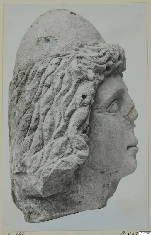 Carved stone head from Soli, shown in profile, with wavy hair worked in relief down the side.