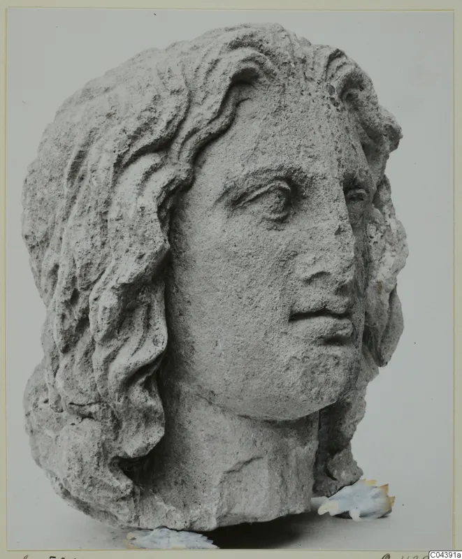 Stone statue head from Soli, with wavy hair and a broken neck, photographed against a plain grey background.