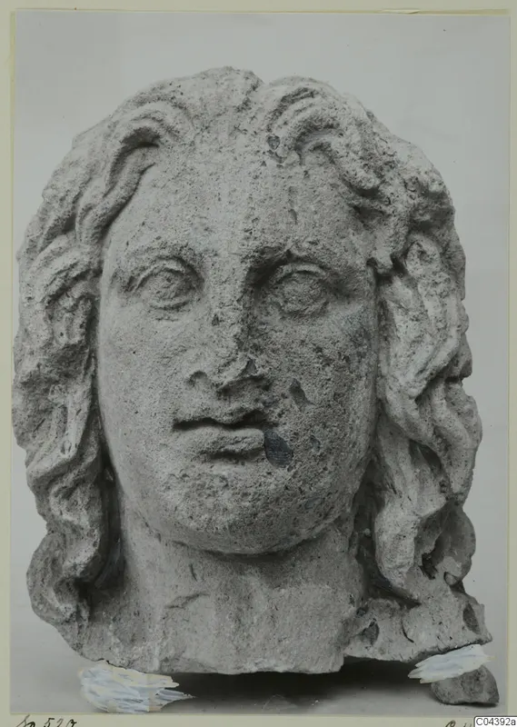 Carved stone head of a youth with wavy hair from Soli, photographed against a grey backdrop.