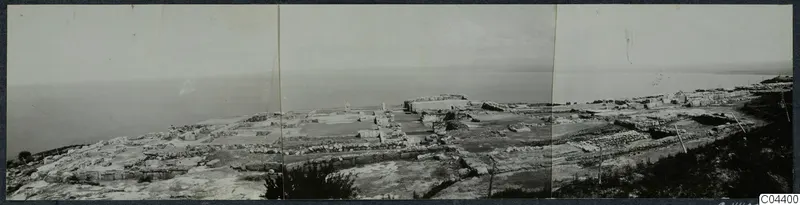 Panoramic view of the ruins of Vouni Palace on a hillside above the sea