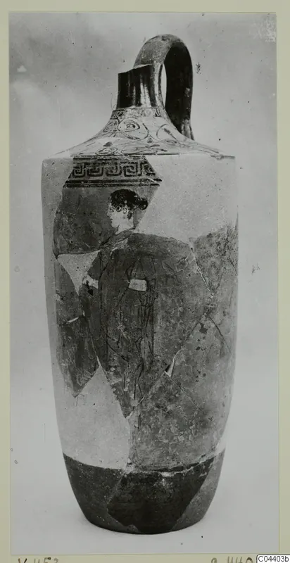 Tall jug with a pale white ground and a painted woman in profile, reassembled from fragments