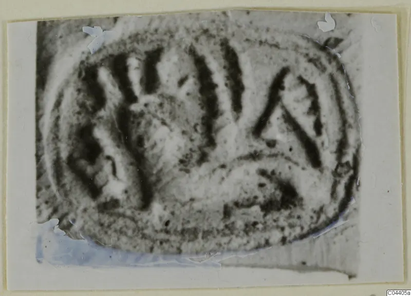 Oval glyptic object with incised linear design, shown on a card mount